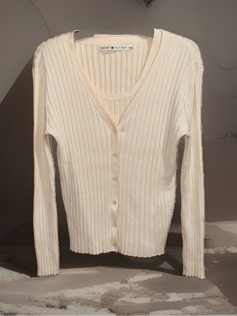 Tommy Hilfiger Ivory Silk Blend Ribbed Button-Front Cardigan & Sleeveless Top-EC